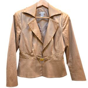 Zoey Tan Jacket Blazer Gold Studs & Buckle Peplum Cotton Size 4